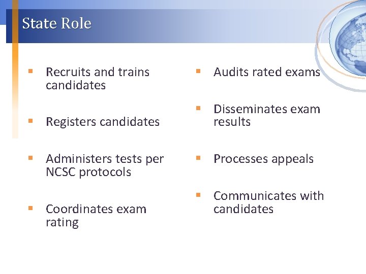 State Role § Recruits and trains candidates § Audits rated exams § Registers candidates
