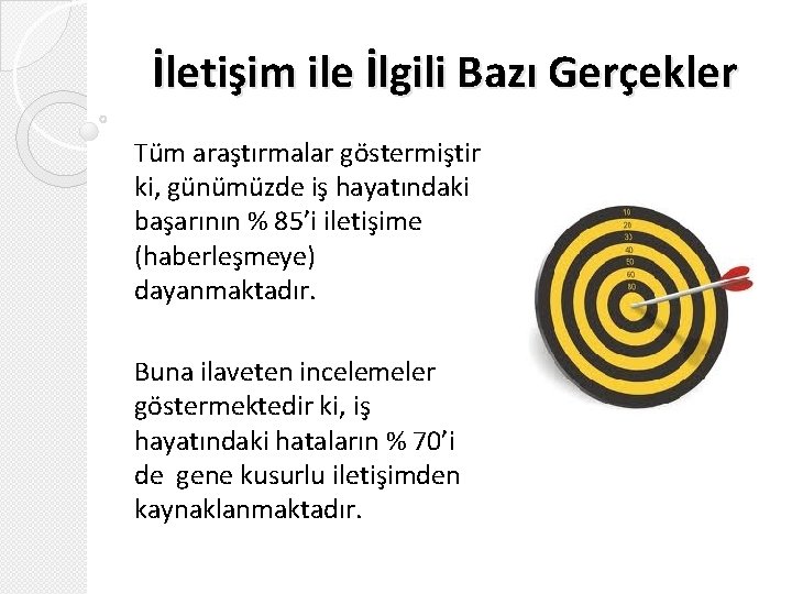 İletişim ile İlgili Bazı Gerçekler Tüm araştırmalar göstermiştir ki, günümüzde iş hayatındaki başarının %