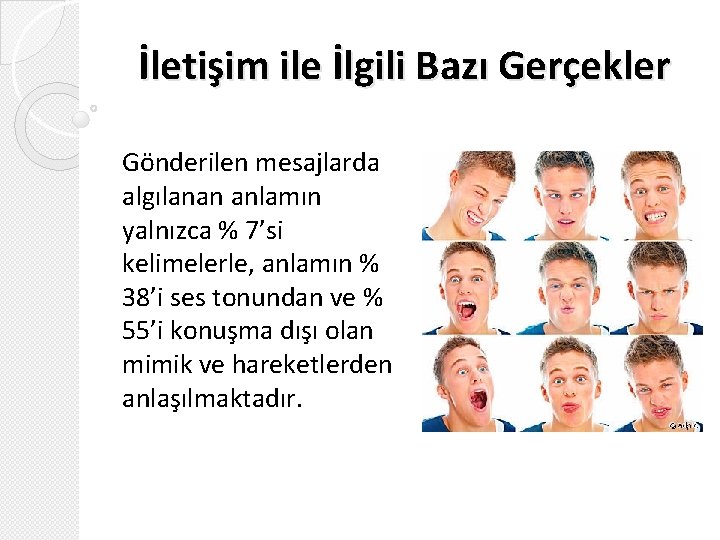 İletişim ile İlgili Bazı Gerçekler Gönderilen mesajlarda algılanan anlamın yalnızca % 7’si kelimelerle, anlamın