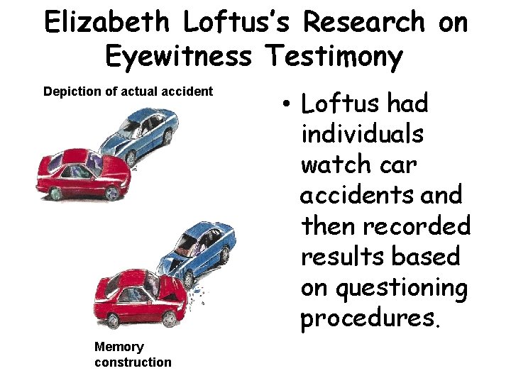 Elizabeth Loftus’s Research on Eyewitness Testimony Depiction of actual accident Memory construction • Loftus