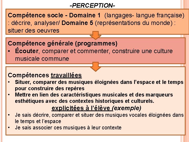  -PERCEPTION- Compétence socle - Domaine 1 (langages- langue française) : décrire, analyser/ Domaine