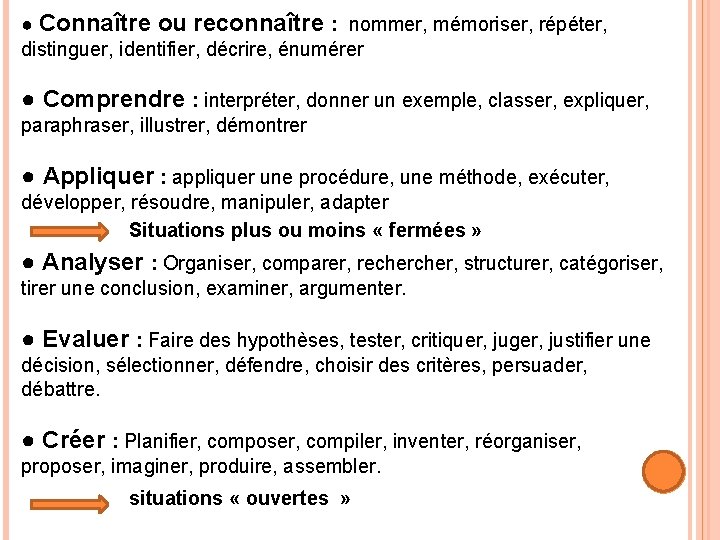 ● Connaître ou reconnaître : nommer, mémoriser, répéter, distinguer, identifier, décrire, énumérer ● Comprendre