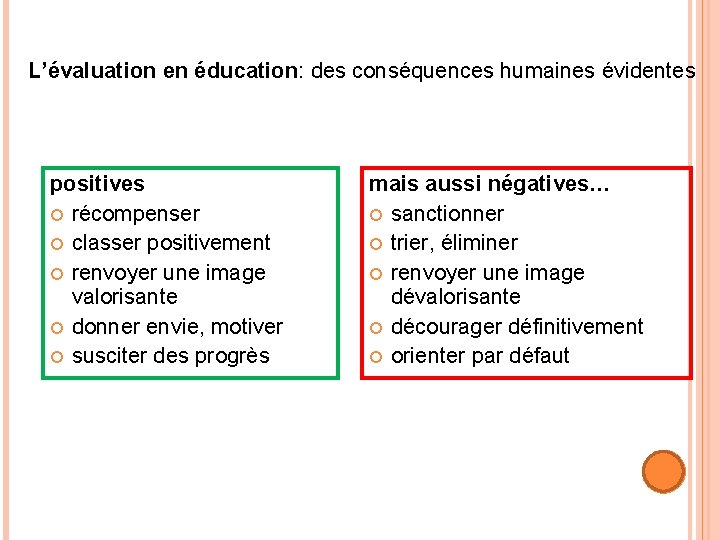 L’évaluation en éducation: des conséquences humaines évidentes positives récompenser classer positivement renvoyer une image