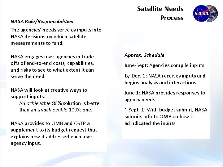 NASA Role/Responsibilities Satellite Needs Process The agencies’ needs serve as inputs into NASA decisions