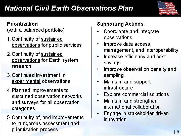 National Civil Earth Observations Plan Prioritization (with a balanced portfolio) 1. Continuity of sustained