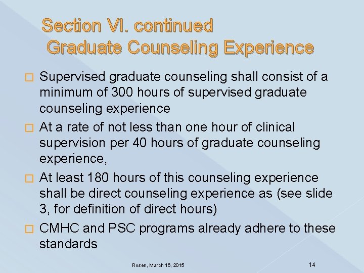 Section VI. continued Graduate Counseling Experience Supervised graduate counseling shall consist of a minimum