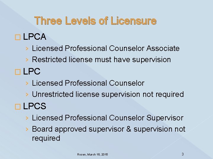 Three Levels of Licensure � LPCA › Licensed Professional Counselor Associate › Restricted license