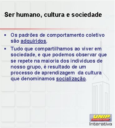 Ser humano, cultura e sociedade § Os padrões de comportamento coletivo são adquiridos. §