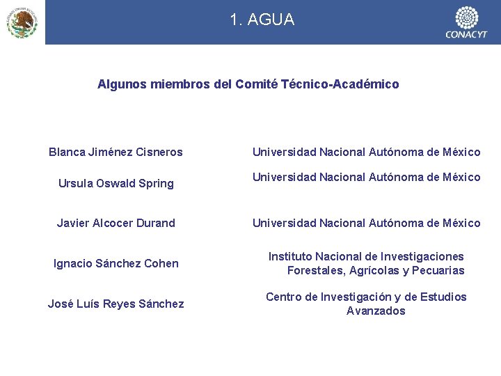 1. AGUA Algunos miembros del Comité Técnico-Académico Blanca Jiménez Cisneros Ursula Oswald Spring Universidad