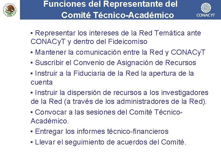 Funciones del Representante del Comité Técnico-Académico • Representar los intereses de la Red Temática