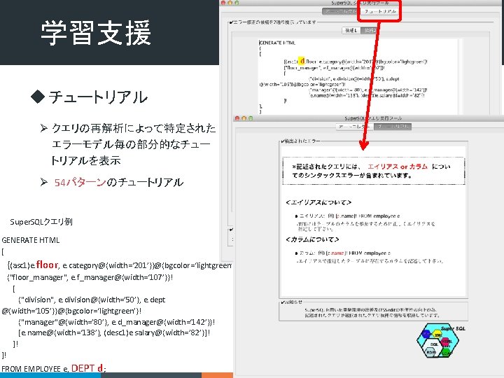 学習支援 u チュートリアル Ø クエリの再解析によって特定された エラーモデル毎の部分的なチュー トリアルを表示 Ø 54パターンのチュートリアル Super. SQLクエリ例 GENERATE HTML [