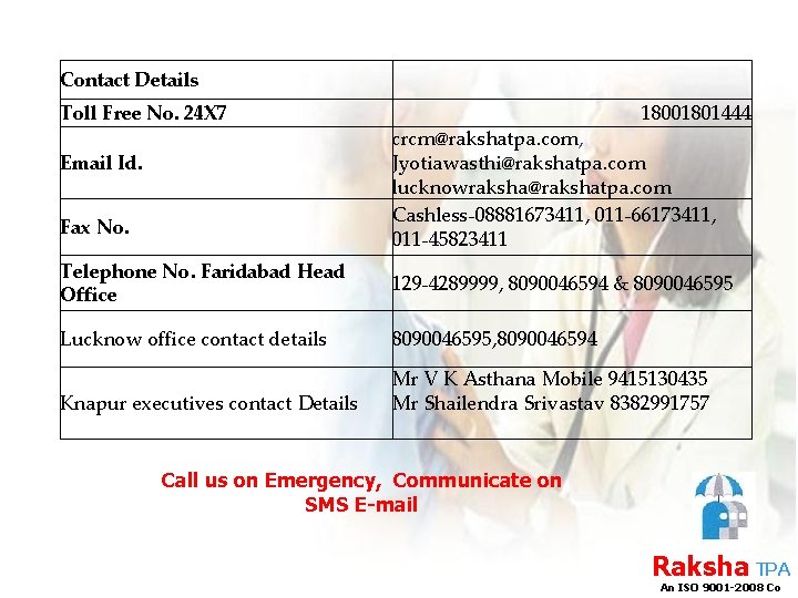 Contact Details Toll Free No. 24 X 7 Email Id. Fax No. 18001801444 crcm@rakshatpa.