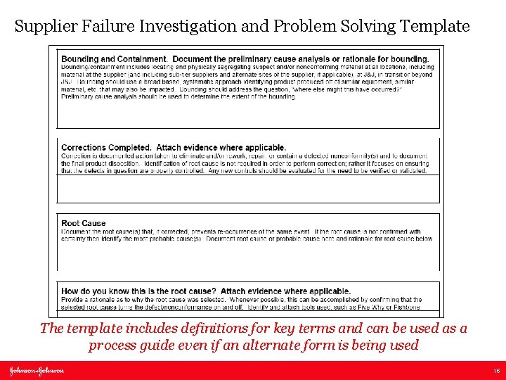 Supplier Failure Investigation and Problem Solving Template The template includes definitions for key terms