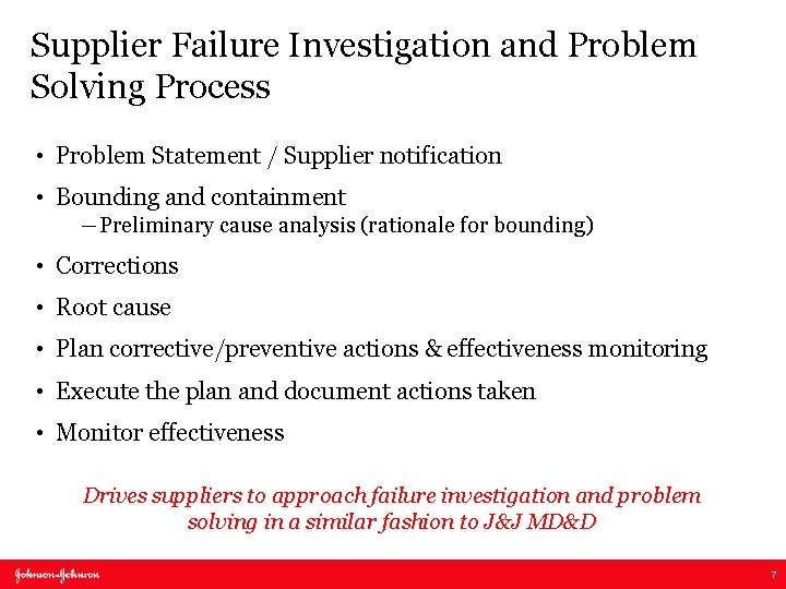 Supplier Failure Investigation and Problem Solving Process • Problem Statement / Supplier notification •