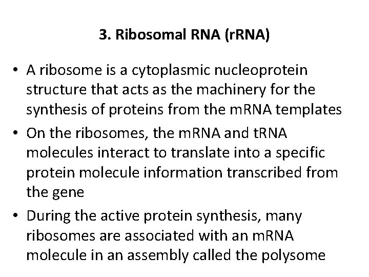 3. Ribosomal RNA (r. RNA) • A ribosome is a cytoplasmic nucleoprotein structure that