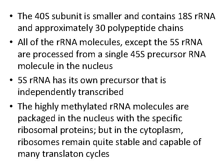  • The 40 S subunit is smaller and contains 18 S r. RNA