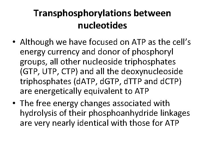 Transphorylations between nucleotides • Although we have focused on ATP as the cell’s energy