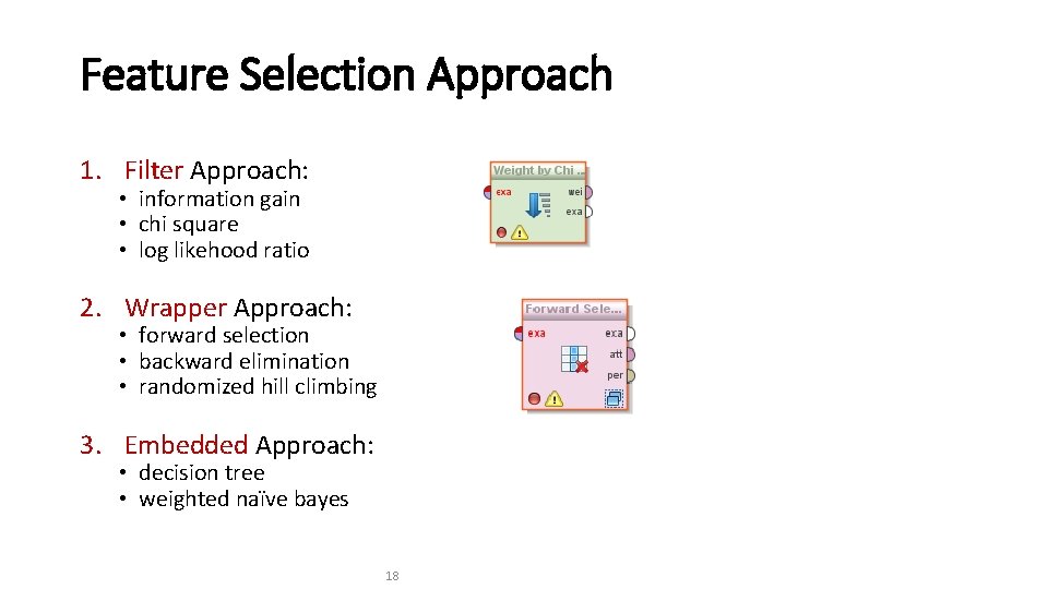 Feature Selection Approach 1. Filter Approach: • information gain • chi square • log