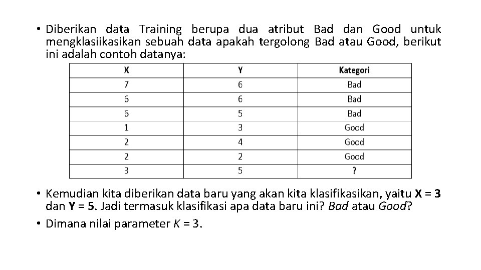  • Diberikan data Training berupa dua atribut Bad dan Good untuk mengklasiikasikan sebuah