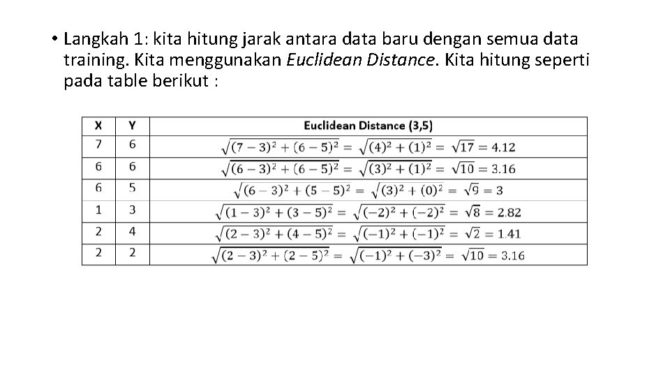  • Langkah 1: kita hitung jarak antara data baru dengan semua data training.