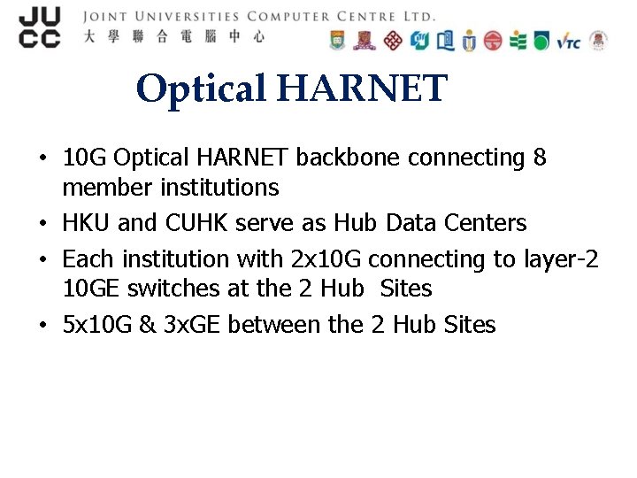 Optical HARNET • 10 G Optical HARNET backbone connecting 8 member institutions • HKU