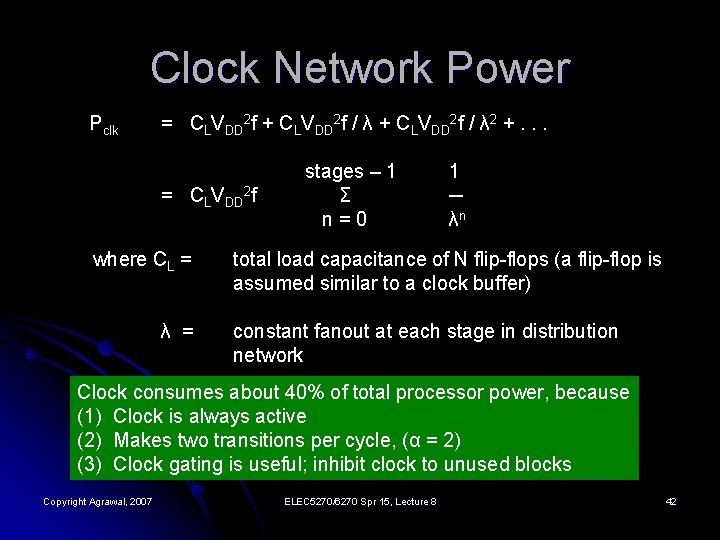 Clock Network Power Pclk = CLVDD 2 f + CLVDD 2 f / λ