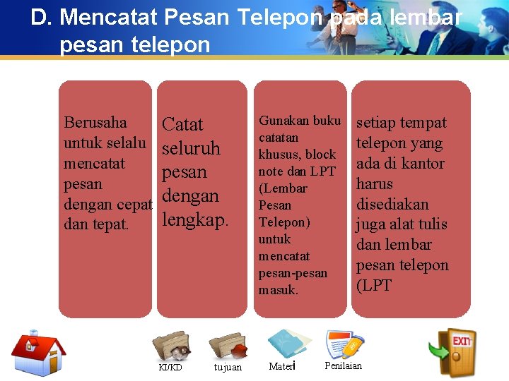 D. Mencatat Pesan Telepon pada lembar pesan telepon Berusaha Catat untuk selalu seluruh mencatat