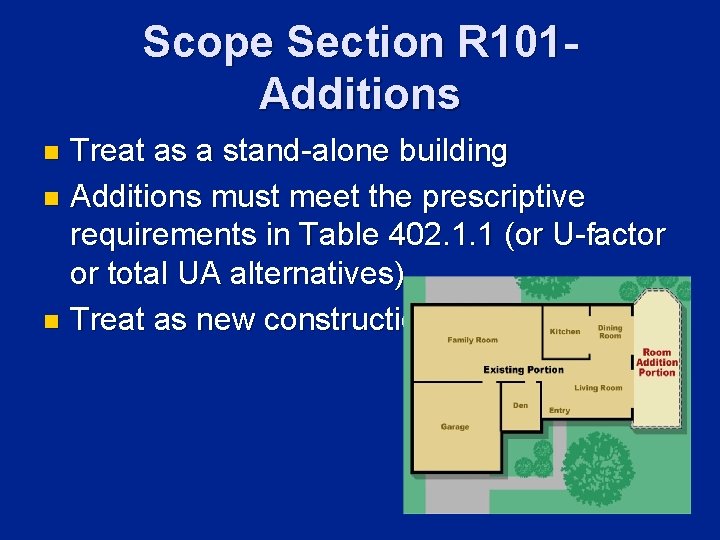 Scope Section R 101 Additions Treat as a stand-alone building n Additions must meet