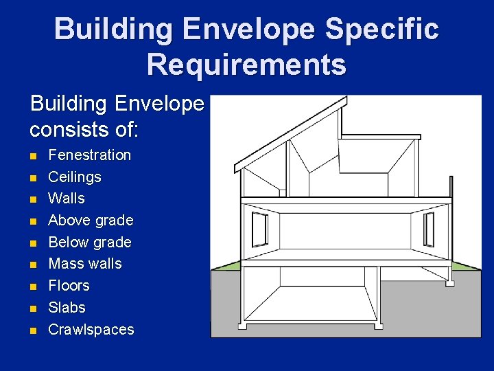 Building Envelope Specific Requirements Building Envelope consists of: n n n n n Fenestration