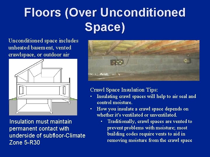 Floors (Over Unconditioned Space) Unconditioned space includes unheated basement, vented crawlspace, or outdoor air