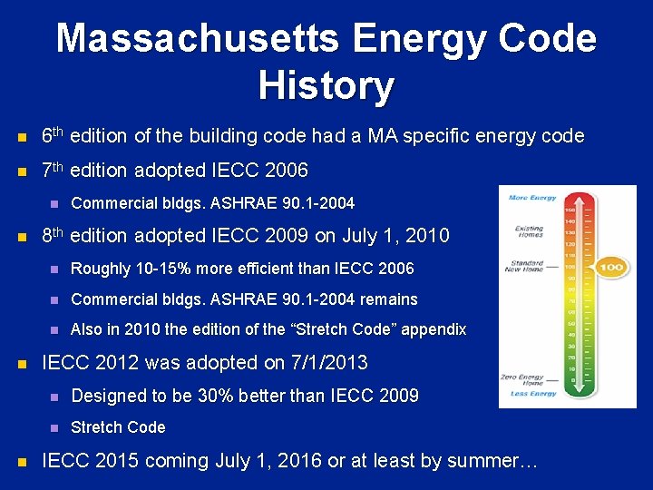 Massachusetts Energy Code History n 6 th edition of the building code had a