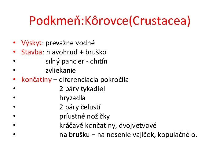Podkmeň: Kôrovce(Crustacea) • Výskyt: prevažne vodné • Stavba: hlavohruď + bruško • silný pancier