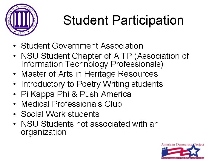 Student Participation • Student Government Association • NSU Student Chapter of AITP (Association of