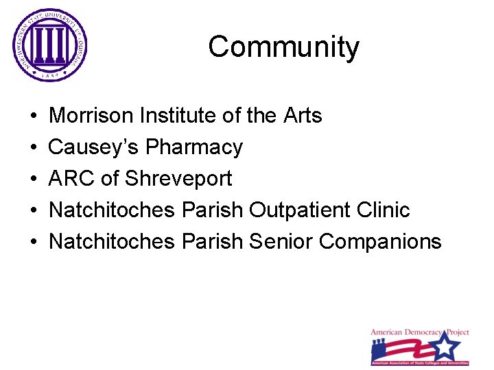 Community • • • Morrison Institute of the Arts Causey’s Pharmacy ARC of Shreveport