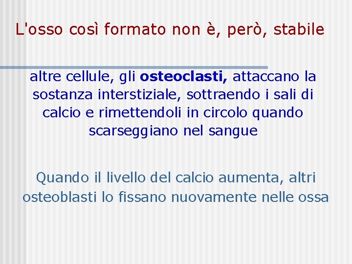 L'osso così formato non è, però, stabile altre cellule, gli osteoclasti, attaccano la sostanza