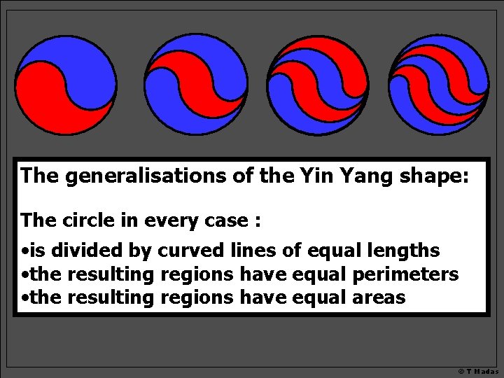 The generalisations of the Yin Yang shape: The circle in every case : •