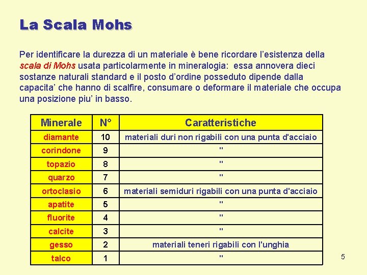 La Scala Mohs Per identificare la durezza di un materiale è bene ricordare l’esistenza La Scala Mohs Per identificare la durezza di un materiale è bene ricordare l’esistenza