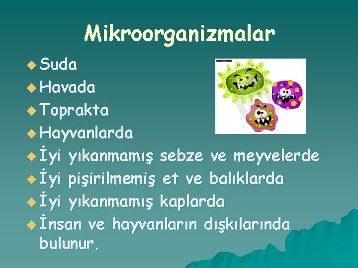 Mikroorganizmalar u Suda u Havada u Toprakta u Hayvanlarda u İyi yıkanmamış sebze ve