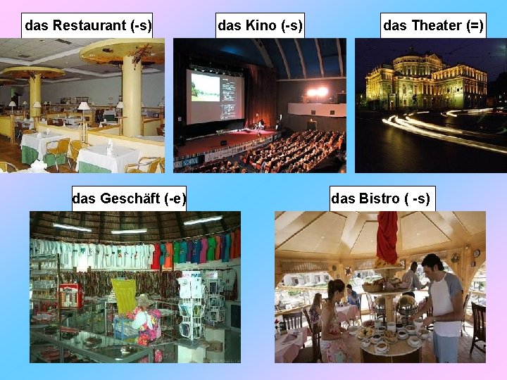 das Restaurant (-s) das Geschäft (-e) das Kino (-s) das Theater (=) das Bistro