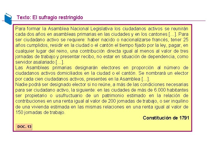 Texto: El sufragio restringido Para formar la Asamblea Nacional Legislativa los ciudadanos activos se