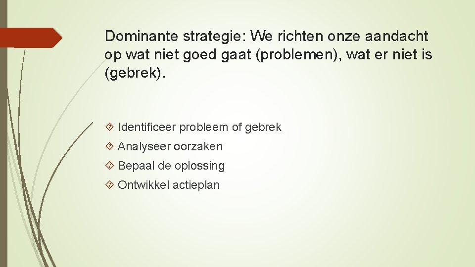 Dominante strategie: We richten onze aandacht op wat niet goed gaat (problemen), wat er