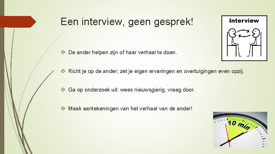 Een interview, geen gesprek! De ander helpen zijn of haar verhaal te doen. Richt