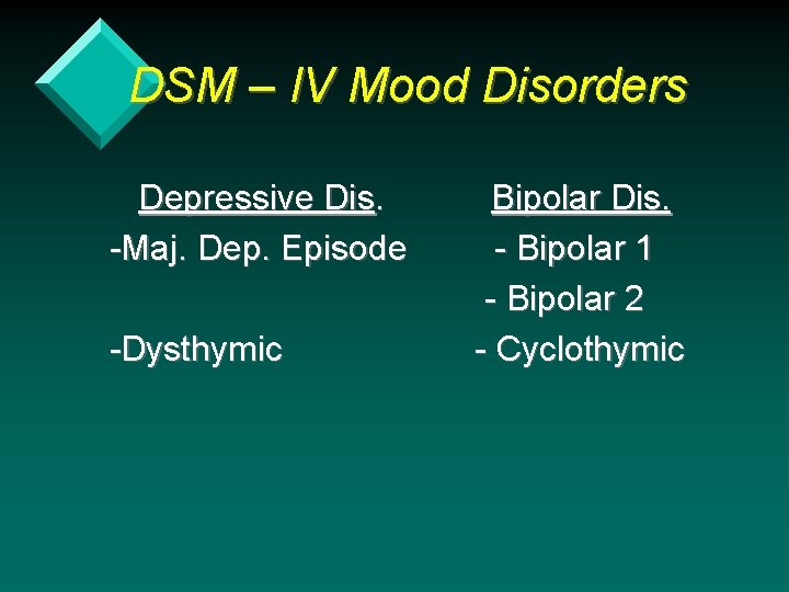 DSM – IV Mood Disorders Depressive Dis. -Maj. Dep. Episode -Dysthymic Bipolar Dis. -