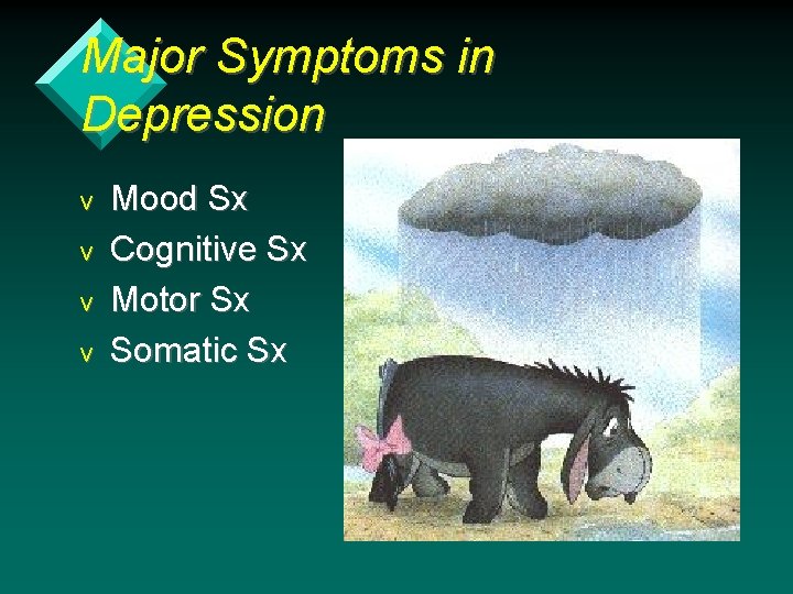 Major Symptoms in Depression v v Mood Sx Cognitive Sx Motor Sx Somatic Sx