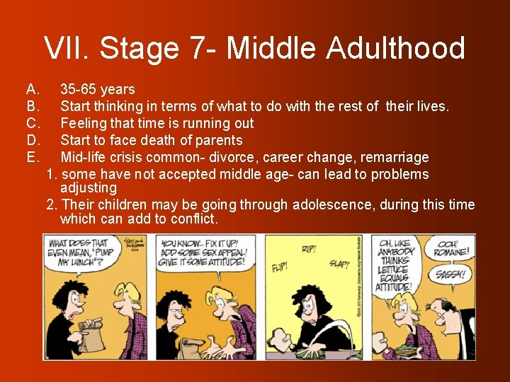 VII. Stage 7 - Middle Adulthood A. B. C. D. E. 35 -65 years