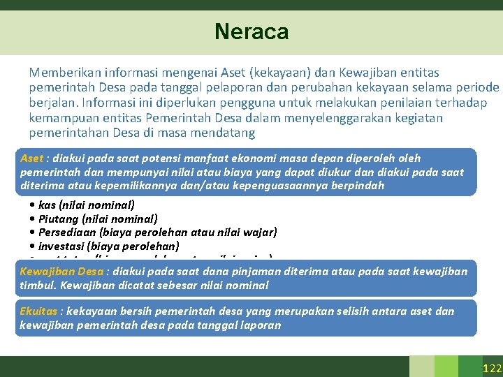 Neraca Memberikan informasi mengenai Aset (kekayaan) dan Kewajiban entitas pemerintah Desa pada tanggal pelaporan