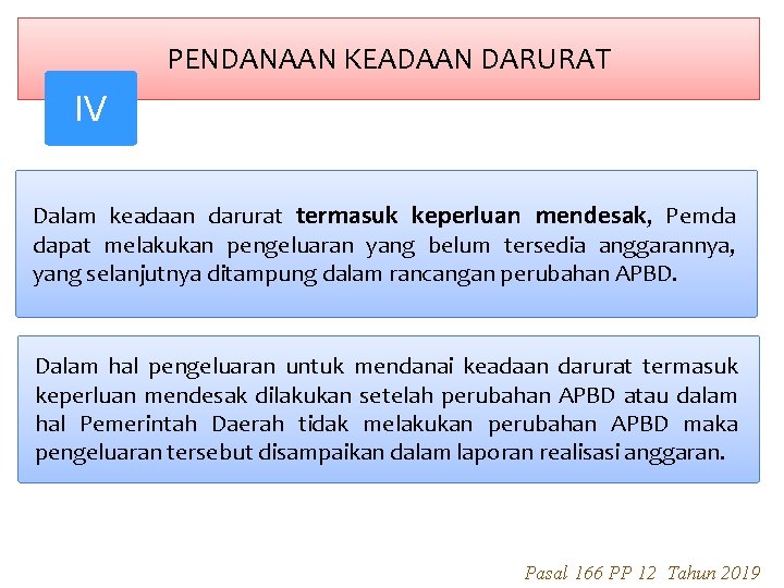 PENDANAAN KEADAAN DARURAT IV Dalam keadaan darurat termasuk keperluan mendesak, Pemda dapat melakukan pengeluaran