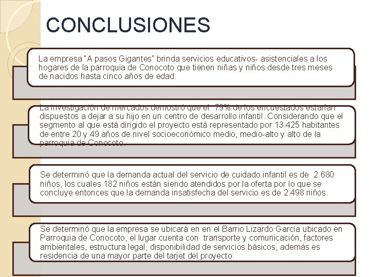 CONCLUSIONES La empresa “A pasos Gigantes” brinda servicios educativos- asistenciales a los hogares de