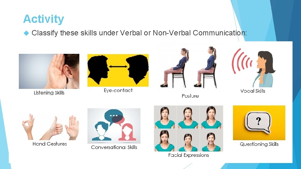 Activity Classify these skills under Verbal or Non-Verbal Communication: Activity Classify these skills under Verbal or Non-Verbal Communication: