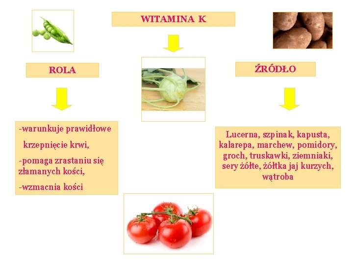 WITAMINA K ROLA -warunkuje prawidłowe krzepnięcie krwi, -pomaga zrastaniu się złamanych kości, -wzmacnia kości